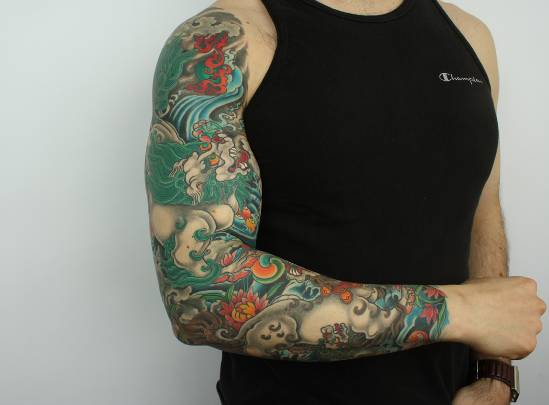 tibetan style snow lion sleeve | Tattooing & Art by Yoni Zilber